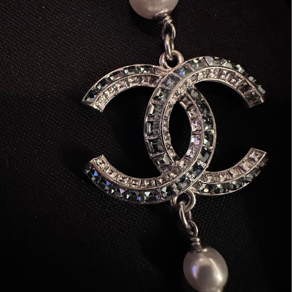 CHANEL long pearl necklace w blue crystals rhinestone classic princess sapphire - Picture 2 of 11